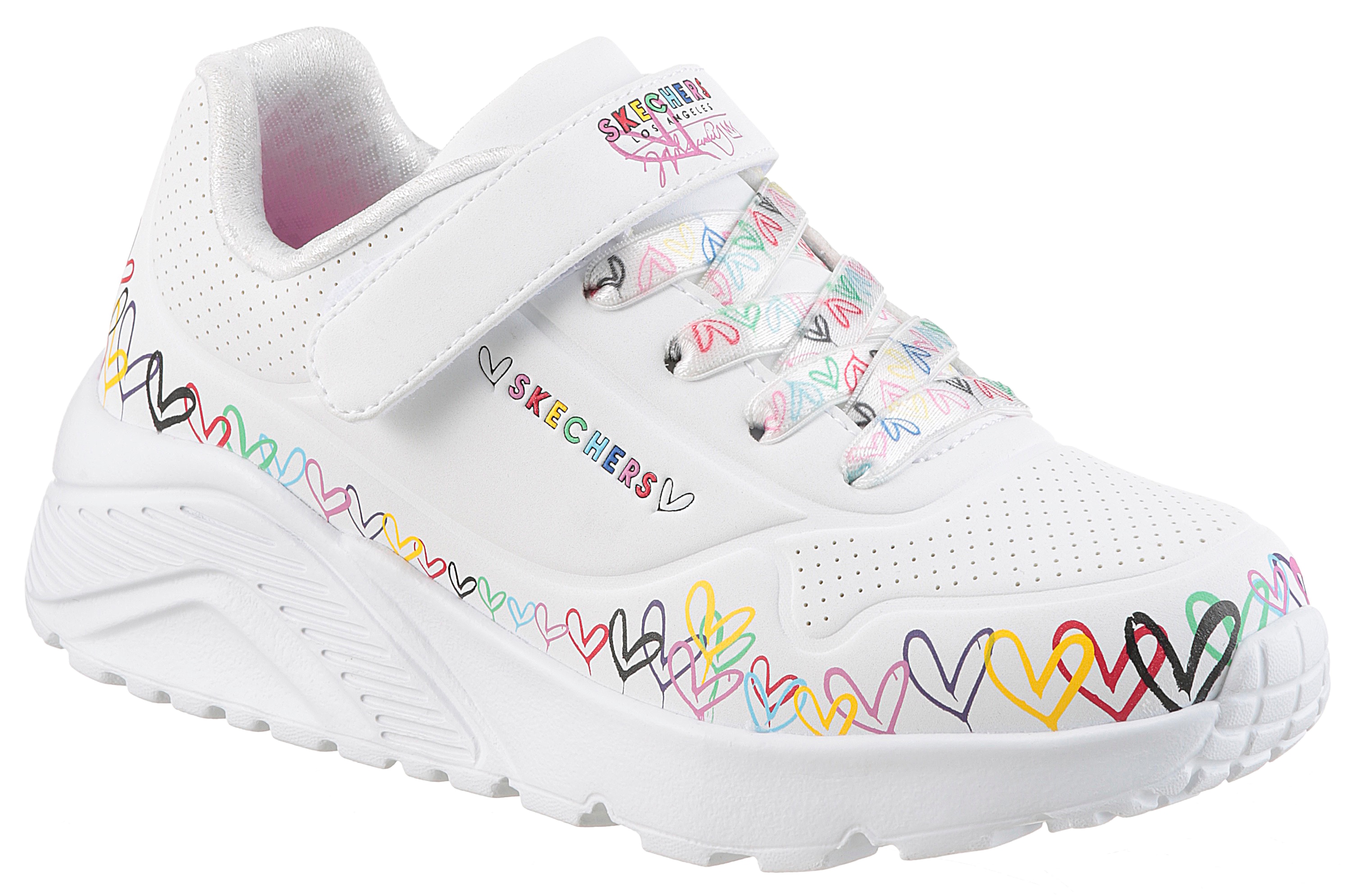 Sneaker SKECHERS "UNO LITE", Kinder, Gr. 29, bunt (weiß, multi), Lederimitat, kontrastfarbene Details, Schuhe, Klettschuh mit bunten Herzen, Größenschablone zum Download Image
