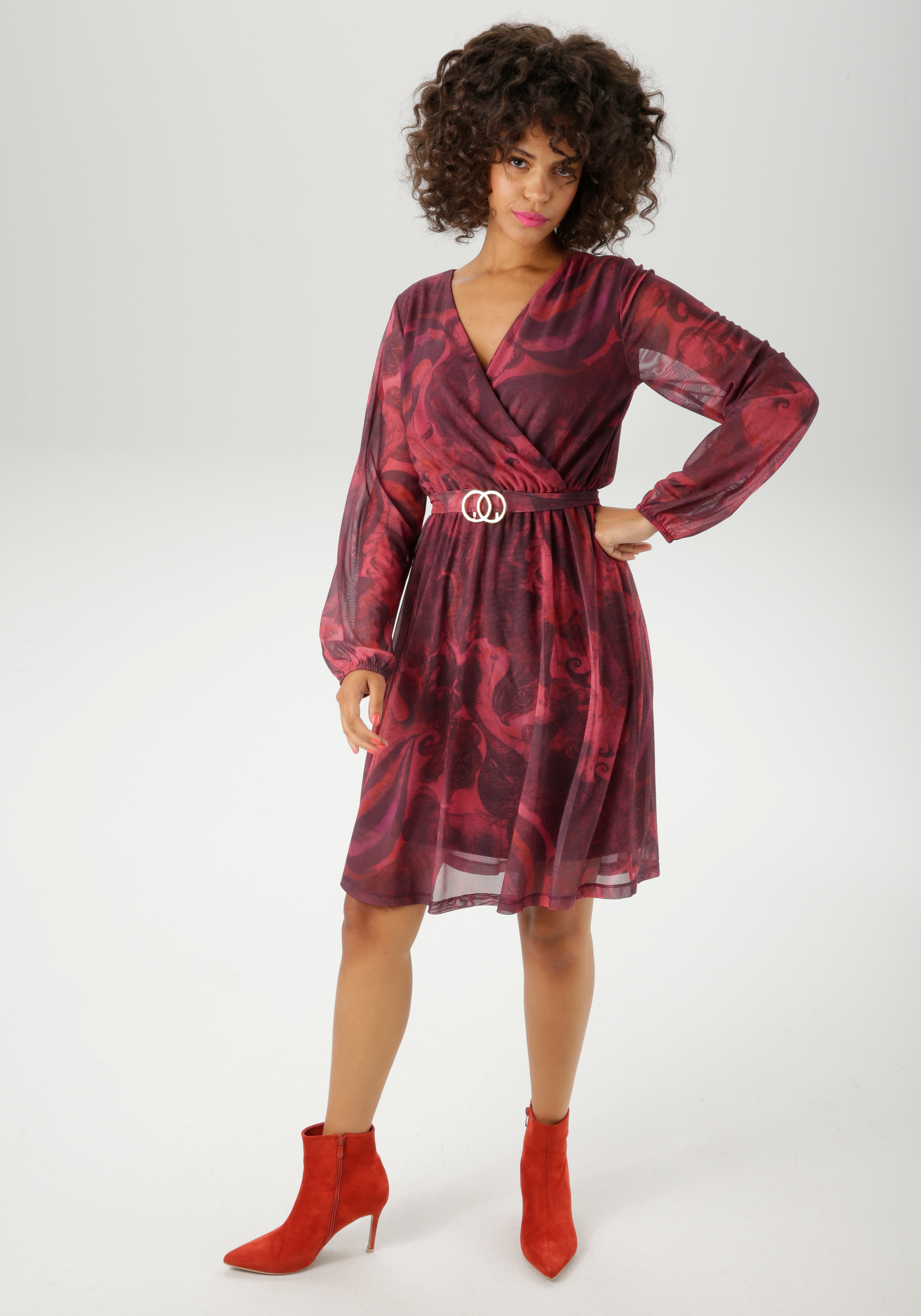 Blusenkleid ANISTON CASUAL, Damen, Gr. 40, N-Gr, bordeaux, rot, orange, fuchsia, schwarz, Mesh, Obermaterial: 95% Polyester, 5% Elasthan. Futter: 100% Polyester, bedruckt, gemustert, figurumspielend kniefrei, V-Ausschnitt, elastischer Bund mit...