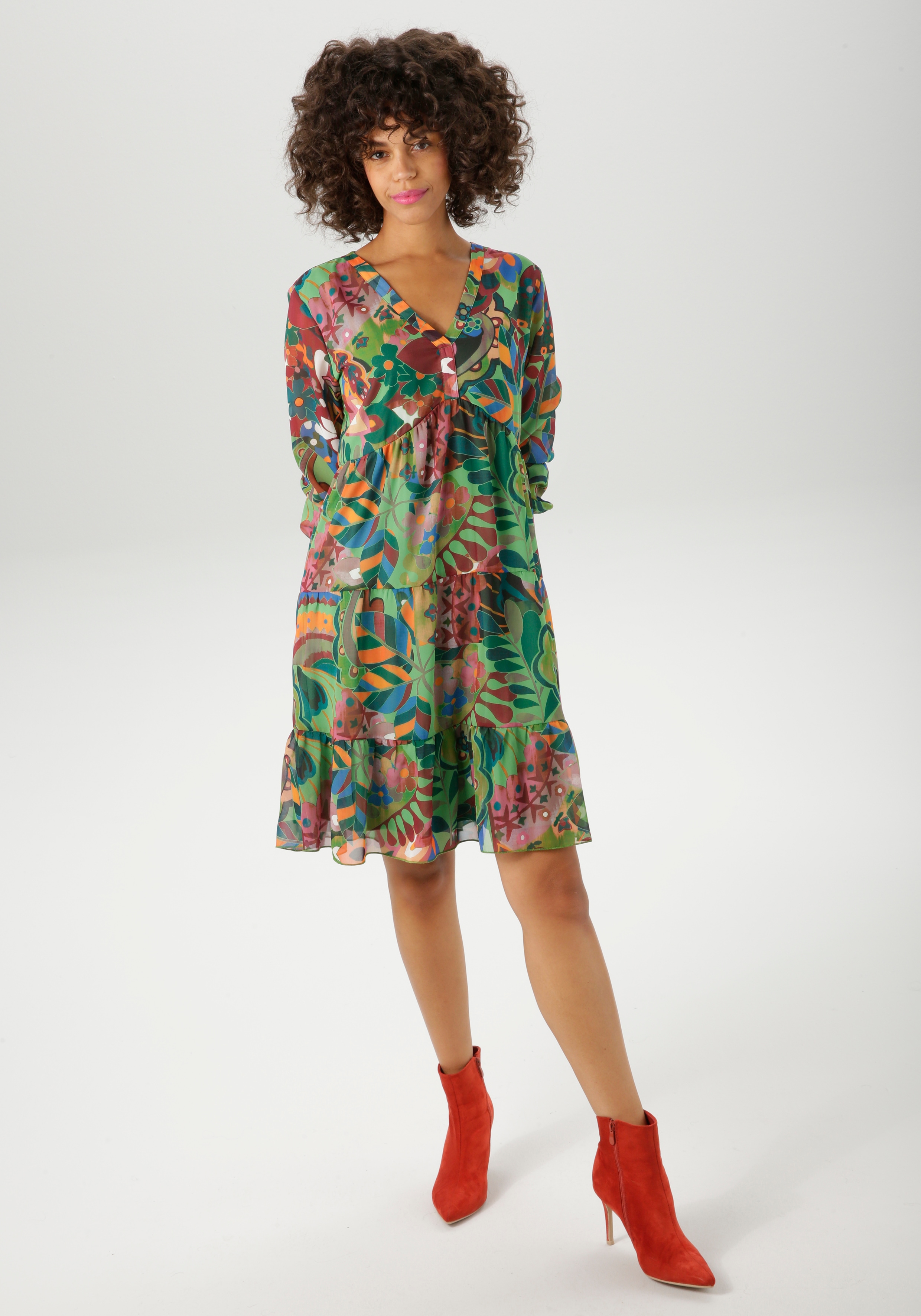 Tunikakleid ANISTON CASUAL, Damen, Gr. 48, N-Gr, rot (grün, orange, malve, bordeaux, blau, apricot, ocker, weiß, pink), Chiffon, Obermaterial: 100% Polyester. Futter: 100% Polyester, bedruckt, geblümt, figurumspielend kniefrei, V-Ausschnitt,...