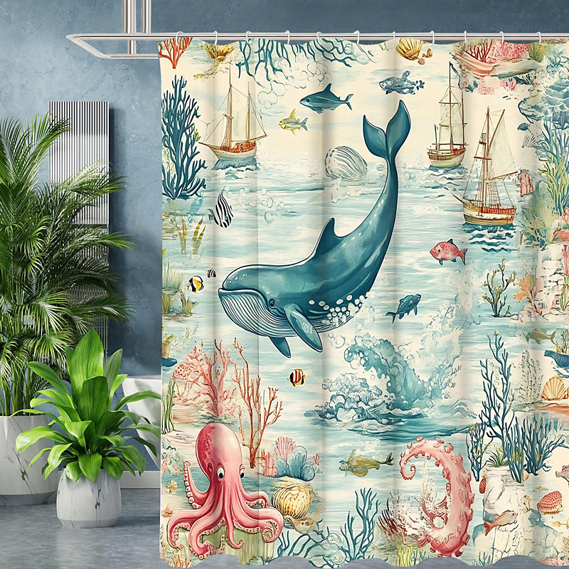 Ocean Animal Turtle Shower Curtain with Hooks for Bathroom Shower Curtain Bathroom Decor Set Polyester Waterproof 12 Pack Plastic Hooks