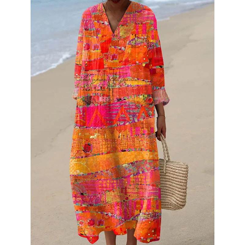 Women's Midi Dress V Neck Long Sleeve Kaftan Lightweight Loose Fit A Line Dress Casual Boho Going out Loose Fit Graphic Geometric Stripe Long Sleeve V Neck Black Orange Green Light Grey