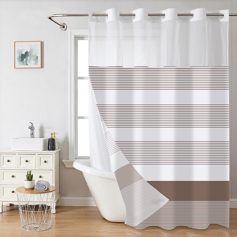 No Hook Geometry Striped Shower Curtain With Snap-in Fabric Liner Sheer Top Window Waterproof Double Layer Bathtub curtain
