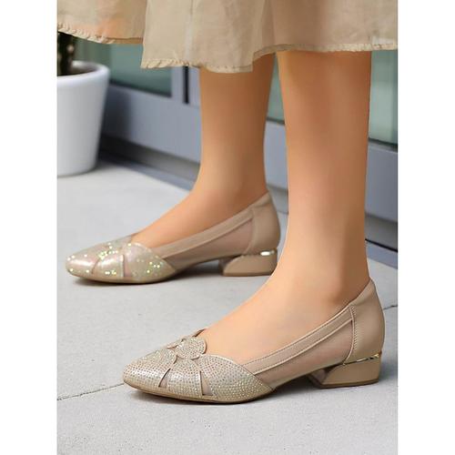 Women's Mesh Rhinestone Low Heel Flats, Elegant Pointed Toe Slip Comfortable Dressy Style for Casual Dates and Everyday Outfits