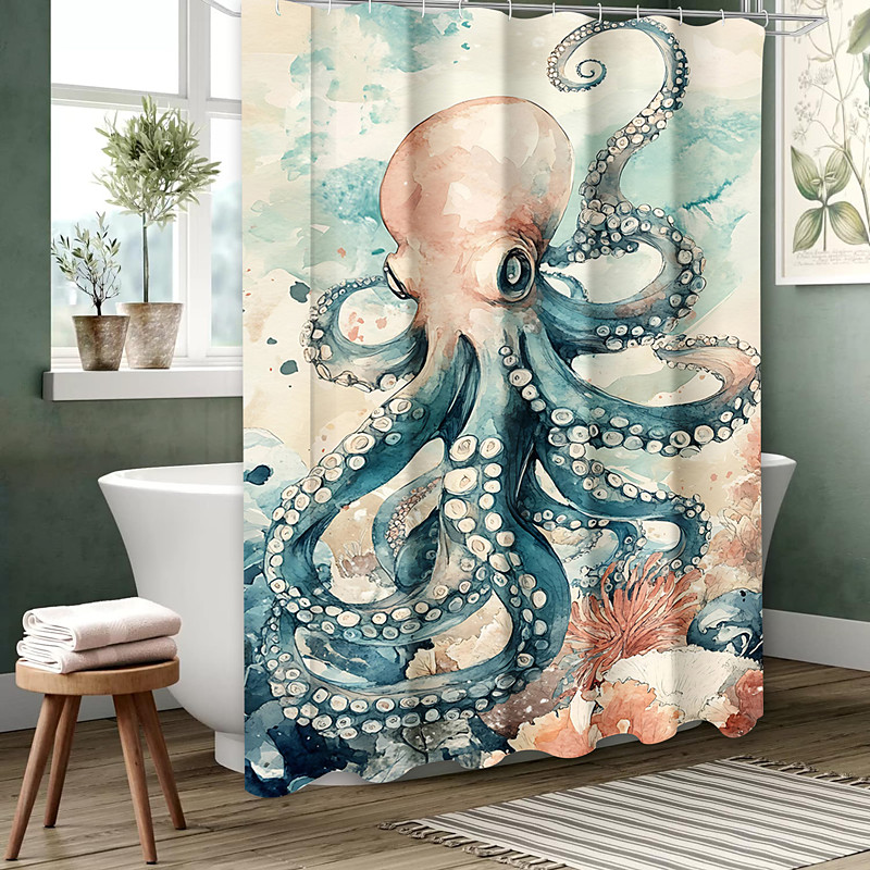 Ocean Animal Turtle Shower Curtain with Hooks for Bathroom Shower Curtain Bathroom Decor Set Polyester Waterproof 12 Pack Plastic Hooks