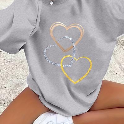 TEMU 1pc Women's Crew Neck Long Sleeve Sweater, Polyester Knit Fabric, Fall/ With Heart Pattern Print Image