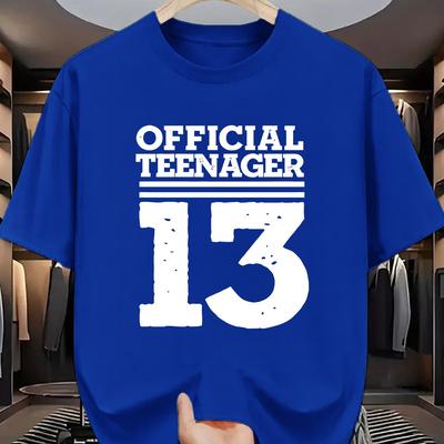 "TEMU Men's Casual "official Teenager 13" Graphic T-shirt - , Round Neck, Short Sleeve, Summer Tee With Distressed Number Print, Casual Summer Wear | |" Image