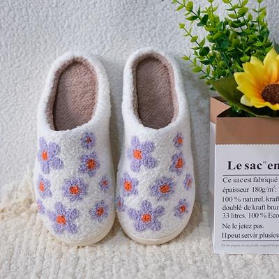 TEMU Lilac Floral Embroidery Plush Slippers - Thick Warm Winter Indoor House Shoes With Tpr Sole, Soft Fabric Unisex Slip-ons For , Footwear, House Slippers, Stylish , Comfortable Wear Image