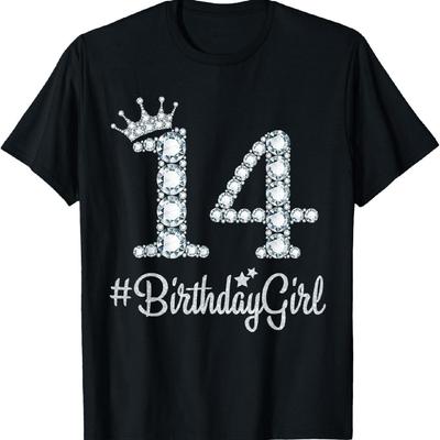 TEMU 14 Birthday Girl Cotton T-shirt – Black With Glittery White Text & , Casual Round Neck, Short Sleeve, Machine Washable, Celebrations, Celebration Apparel | Celebratory Design | Glitter Detail Image