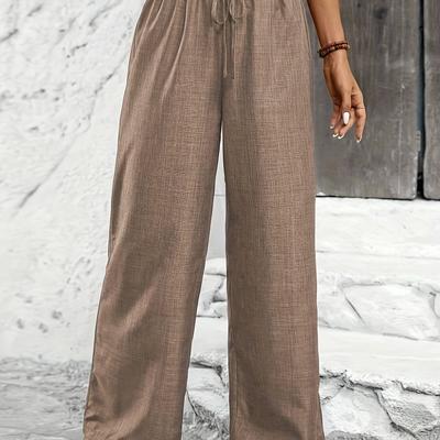 TEMU Women's Lightweight Straight-leg Pants With Twisted Knot Detail - Casual Solid Color Drawstring Waist, Breathable Fabric For Spring/summer, Beige, Summer Trousers, Textured Fabric Trousers Image