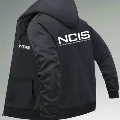"TEMU Men's Trendy Navy Blue Hooded Jacket With "" Print - Casual Zip-up Coat With Pockets, Polyester Lining, Regular Fit, Everyday Streetwear, Everyday Jacket|modern Casual Jacket|zippered Jacke" Image
