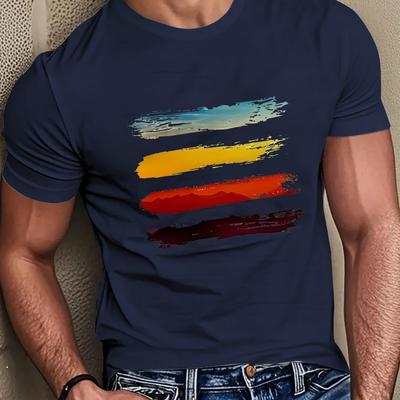 TEMU Men's Casual Summer Tee - Soft, Comfortable, Breathable -shirt With Colorful Horizontal Stripe Print, Round Neck, Adults, Casual Wear Tee | Vibrant Print Tee | Tee Image