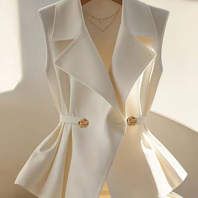 TEMU Elegant Sleeveless Blouse With Metal Buttons - White, Fitted, Tie- For Business/, |modern Blouse|single Breasted Image