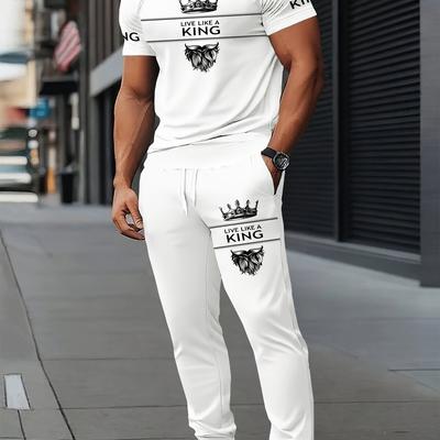 TEMU Men's 3d Printed Sportswear Set - Round-neck Short-sleeved T-shirt And Trousers, Striped Pattern, Regular Fit, Knitted Polyester, Slightly Elastic Image
