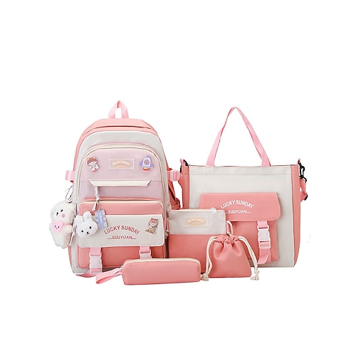 Set Zaino Kawaii per Ragazze Tween e Teen di 5 Pezzi Zaino Scuola di Grande Capacità con Borsa Tote e Astuccio per Uso Quotidiano a Scuola