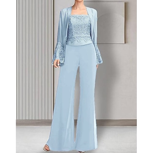 Tuta Completo Pantalone Tre Pezzi Completo Pantalone Lunghezza al pavimento Abito da cerimonia per signora Manica Lunga Collo quadrato Elegante Vintage Semplice Formale Ospite di nozze Chiffon Raso
