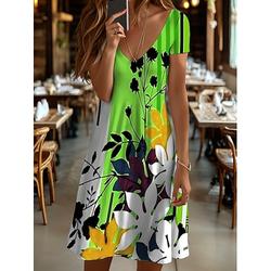 Damen Sommer Mini Kleid Reguläre Passform V-Ausschnitt Kurzarm T-Shirt Strand Kleid Freizeit Urlaub Alltag Floral Grafik Geometrisch