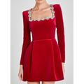 Per donna Mini Abito Abito a trapezio Elegante Festa cocktail All'aperto Feste Ospite di nozze Taglia piccola Tinta unica Manica Lunga Collo quadrato Nero Rosso Beige Estate Primavera