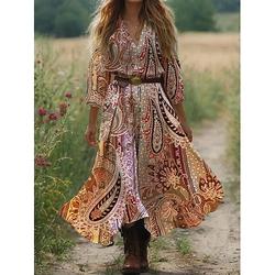 Damen Boho Vintage Maxikleid Westliches Sommerkleid Falten Design Lässiges Strandurlaub Outfit Grafisches Paisleymuster 3/4-lange Ärmel V-Ausschnitt