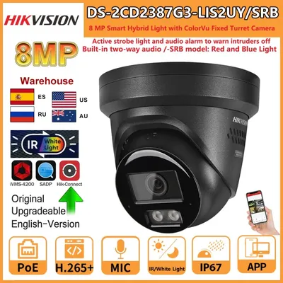 Hikvision 8MP IP-Kamera DS-2CD2387G3-LIS2UY/SRB Smart Hybrid Light ColorVu Turret-Kamera Rot Blaulicht Audio Alarm 2-Wege-Audio