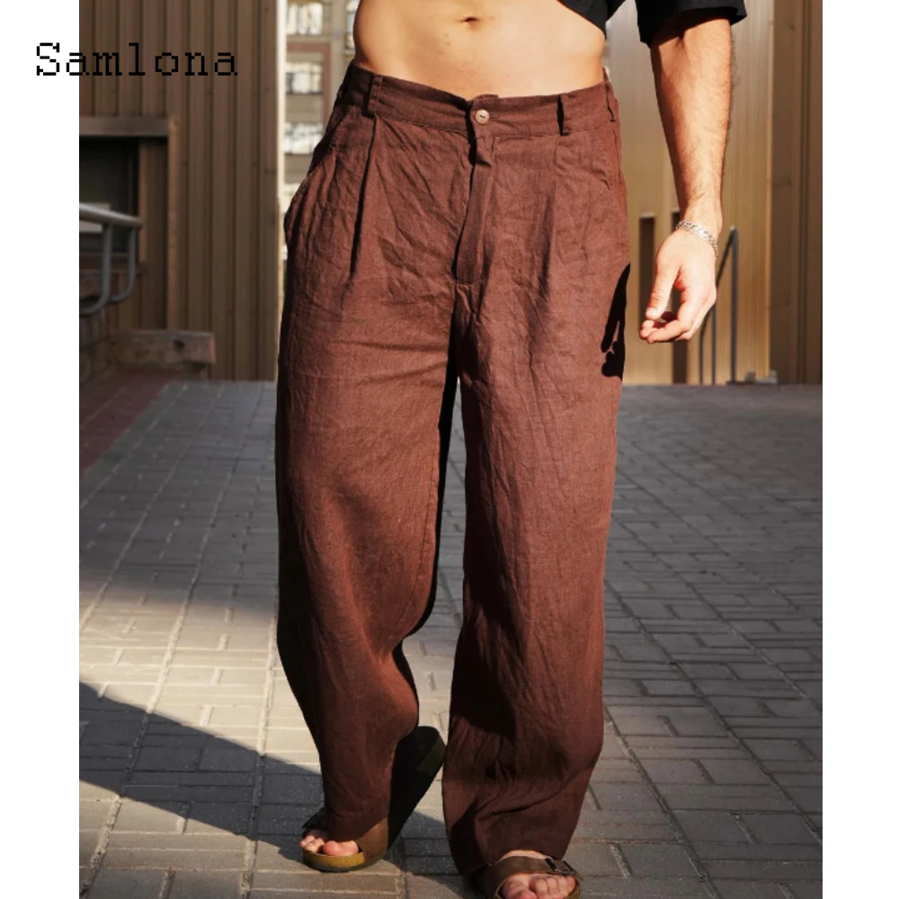 2025 männer Casual Lose Strand Hosen Solide Braun Weiß Weiche Baumwolle Leinen Hosen Plus Größe 3xl Mens Fashion Breite Bein hotpants Neue