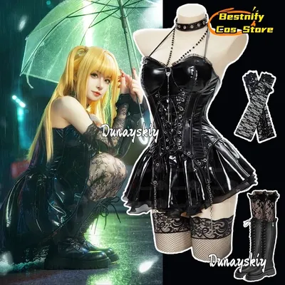 Miss Misa Dark Gothic Damen Kleid Cosplay Kostüm Schnürkorsett Top Rock mit Netzstrümpfen Ärmeln Set Anime Rollenspielanzüge Image