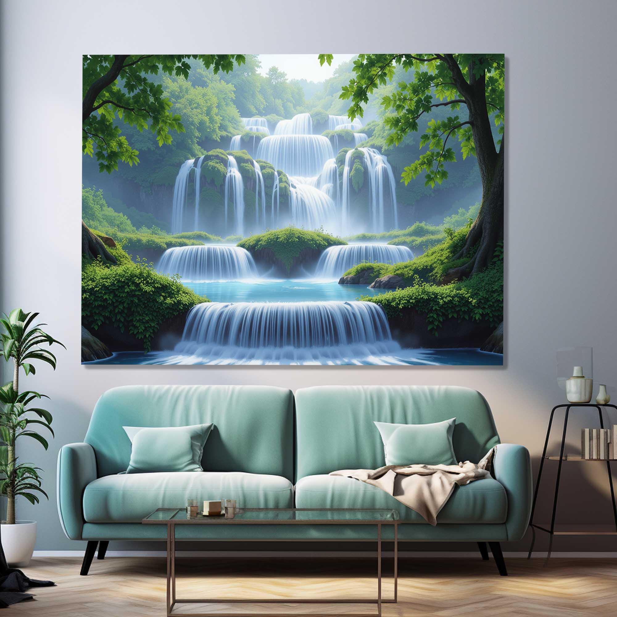 Arte murale a cascata, arte murale in vetro temperato, stampa su vetro, grande arte murale in vetro, arte moderna in vetro, arazzi, arte murale paesag