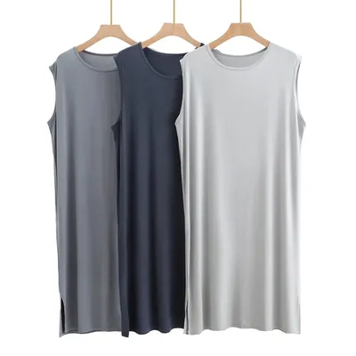 2025 männer Sommer Modal Pyjamas Robe Weste Stil Ärmellose Lange Bademantel Männer Lose Weiche Hause Kleidung Nachtwäsche Nacht kleid Image
