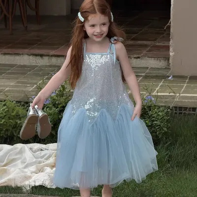 Kinder Kleidung 2025, Sommer Neue Mädchen Kleid Kinder Pailletten Prinzessin Kleid Mädchen Stilvolle Urlaub Hosenträger Kleid Image