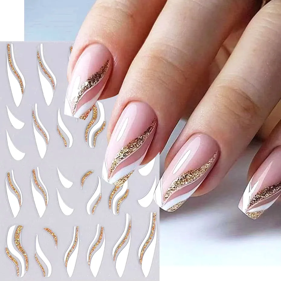 1 stücke Gold Glitter Französisch Design Nagel Aufkleber Weiß Silber Kurve Linien Streifen Welle Nagel Aufkleber Slider Reflektierende Maniküre Wraps Image