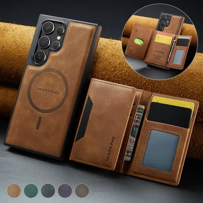 Magnetic Card Slots Leather Case for Samsung Galaxy S25 24 23 Ultra Case 2-in-1 Wireless Magsafe Wallet Pocket 25 Plus Kickstand