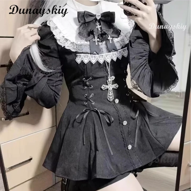 Jirai Kei Cosplay Mode Gothic Vintage Mädchen Patchwork Kleid Lolita Y2k Dünne Design Abend Party Kleid Spitze Chic Outfits Image