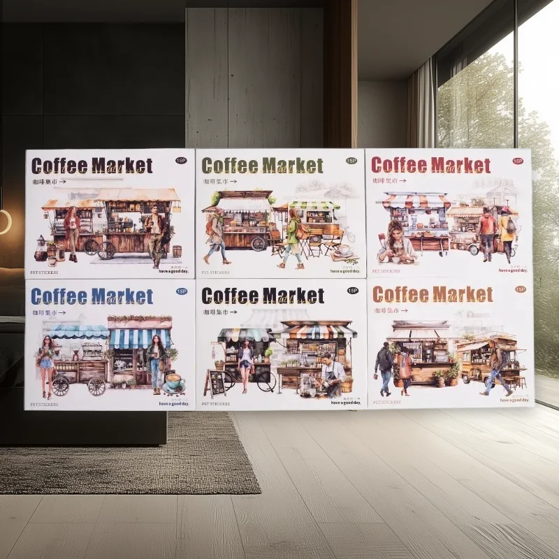Coffee Bazaar Series Sticker Pack 6 Coffee Shop Diorama Themes 15 Stück Journal Decor für Cafeliebhaber Image