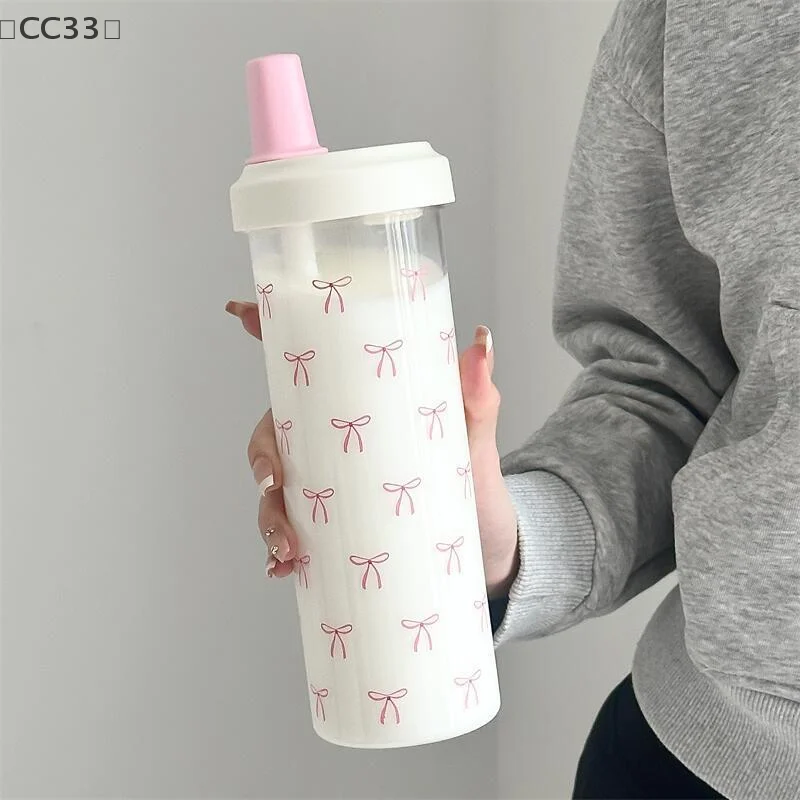 バCC33 Sigur500/700 ml Stroh-Wasserflasche mit Deckel, Schleifenbecher, Kaffee, Milch, Tee, Plastikbecher für die Schule im Freien, Trinkwasserflasche Image