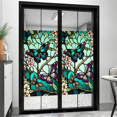 Stained Glass Window Film Colorful Retro Green Butterfly Window Glass Electrostatic Stickers Removable Window Privacy Stained Decorative Film for Home Office