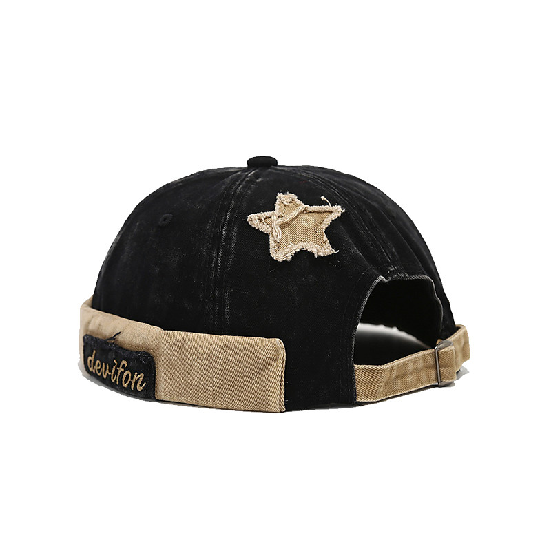 Men's Washed Cotton Star Patch Retro Skull Cap – Adjustable Vintage Brimless Hat for Urban Style Casual Outings and Streetwear