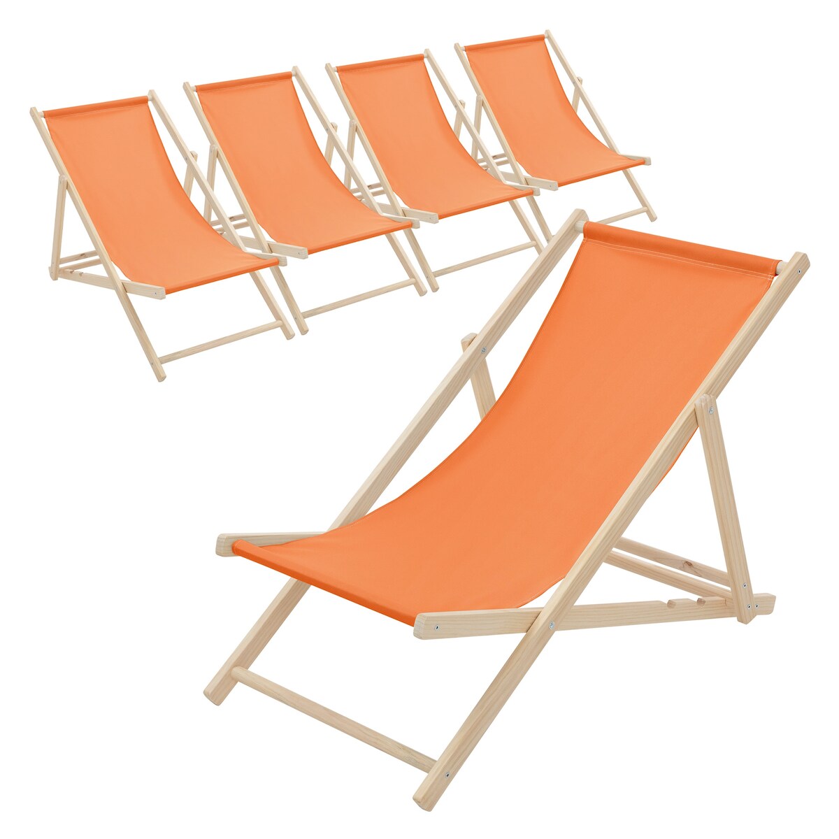 ECD Germany 5er Set Liegestuhl klappbar Orange Holz, verstellbar 3 Positionen bis 120 kg, Sonnenliege Gartenliege Strandstuhl Image