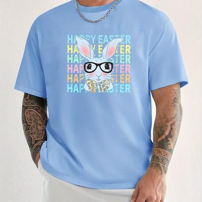 TEMU 1pc Men's Easter Bunny & Colorful Letter Short Sleeve T-shirt - Lightweight Summer Tee With Ribbed Collar, Regular Fit Round Neck, Hand Wash Only, Shirts For Rabbits, Soft Fabric Shirt Image