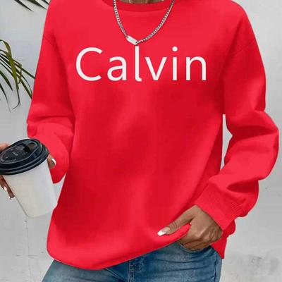TEMU Women's Graphic Print Sweatshirt - Cozy Orange Crew Neck Pullover With Black Lettering, Casual Long Sleeve Top For Fall/winter, Casual Wear|graphic Print Top| Image