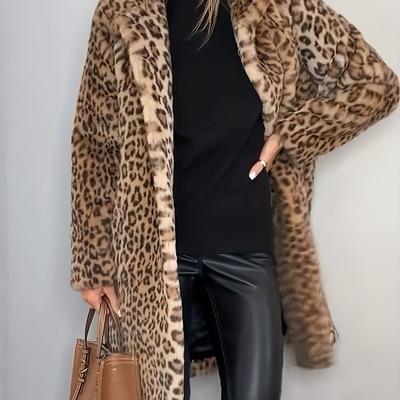TEMU Women's Elegant Leopard Print Coat - Long Formal & Casual Outerwear, Machine Washable & Dry Winter Jacket For Parties, Office, Everyday Outfits - Sophisticated Women's Clothing Image