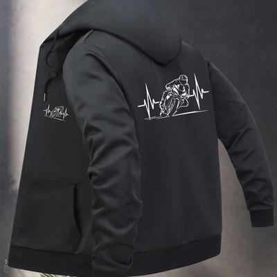 TEMU Men's Casual Graphic Print Hooded Jacket - Black Motorcycle & Heartbeat Design, Zipper Closure, Machine Washable Polyester, Regular Fit With Pockets For Urban Streetwear Image