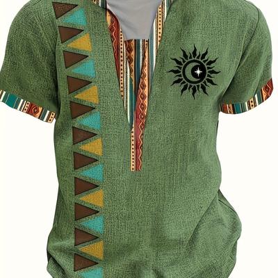 TEMU Men's Summer Army Green Ethnic Style Short-sleeve V-neck Shirt With Colorful Geometric , Casual Wear And Vacations. Image