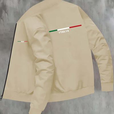 TEMU Men' Knitted Jacket With Italy Print, Casual Slim Fit Pullover, Collar, Polyester, Zippered Pockets, Random Print, For Autumn/winter Image