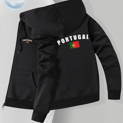 TEMU Men's Portugal Flag Print Hooded Jacket - Slim Fit Casual Zipper Closure Coat With Ribbed Cuffs & Waist Pockets, Machine Washable Autumn Winter Outerwear, Flag Themed Apparel Image