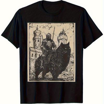 TEMU Men's Retro 90s Vintage Knight Riding Cat Graphic T-shirt - Black Medieval , Soft Breathable Short Sleeve Tee For Casual Casual Attire, Cat T Shirt, Apparel Image