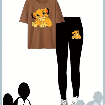 TEMU Animation Element Lion With Cartoon And Comfortable Print, Autumn Fashion Long-sleeved Top & Trousers Set, New Women's Suit Image