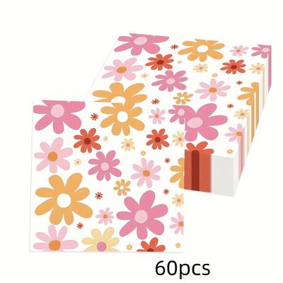 TEMU 60pcs Bohemian Daisy Party Napkins - Stylish Pink & Peach , 2-ply Paper Tableware For Weddings, Birthdays, And Retro-themed Celebrations, Birthday Party Decorations Image
