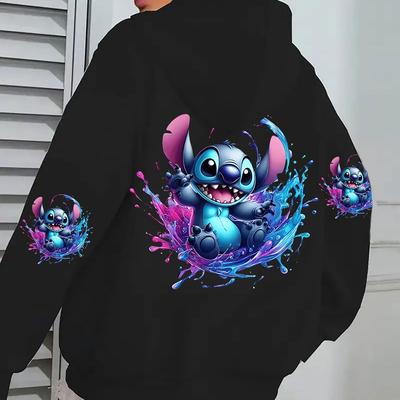 TEMU Stitch Graphic Hoodie For Women - Pink Casual Long Sleeve Sweatshirt With Kangaroo Pocket, Cozy Fall/winter Pullover, Sweatshirt Image