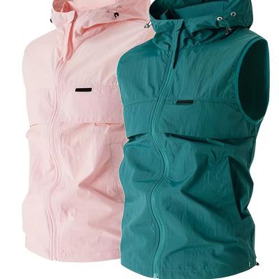 TEMU Elson Obm 2pcs Unisex Lightweight Breathable Sleeveless Zip-up Hooded Vest With Multiple Pockets Image