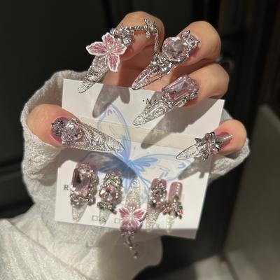TEMU 10pcs Handmade Press-on Nails, Super Long Teardrop Shape, Strobe Finish With Sparkling & Floral Patterns, Transparent Nail Art For Spring And Summer, | Motif | Handcrafted Style Image