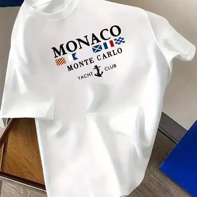 TEMU Men's Monaco & Yacht Club Printed Short Sleeve T-shirt - Lightweight Breathable Fabric, Regular Fit Casual Tee With National Flags Design For Casual Attire, Apparel | Nontransparent Material Image